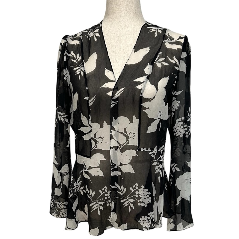 Silk Black & White Sheer Floral Open Peplum Top w/ Rhinestone Accents - Size 12